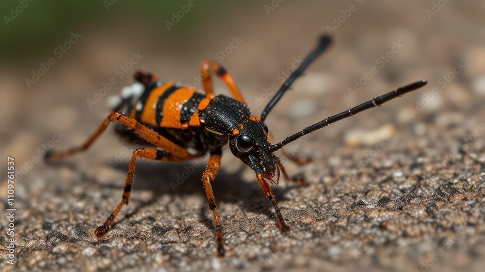 Close-up of a vibrant orange and black insect on a textured surface. Close-up of a vibrant orange and black insect on a textured surface.