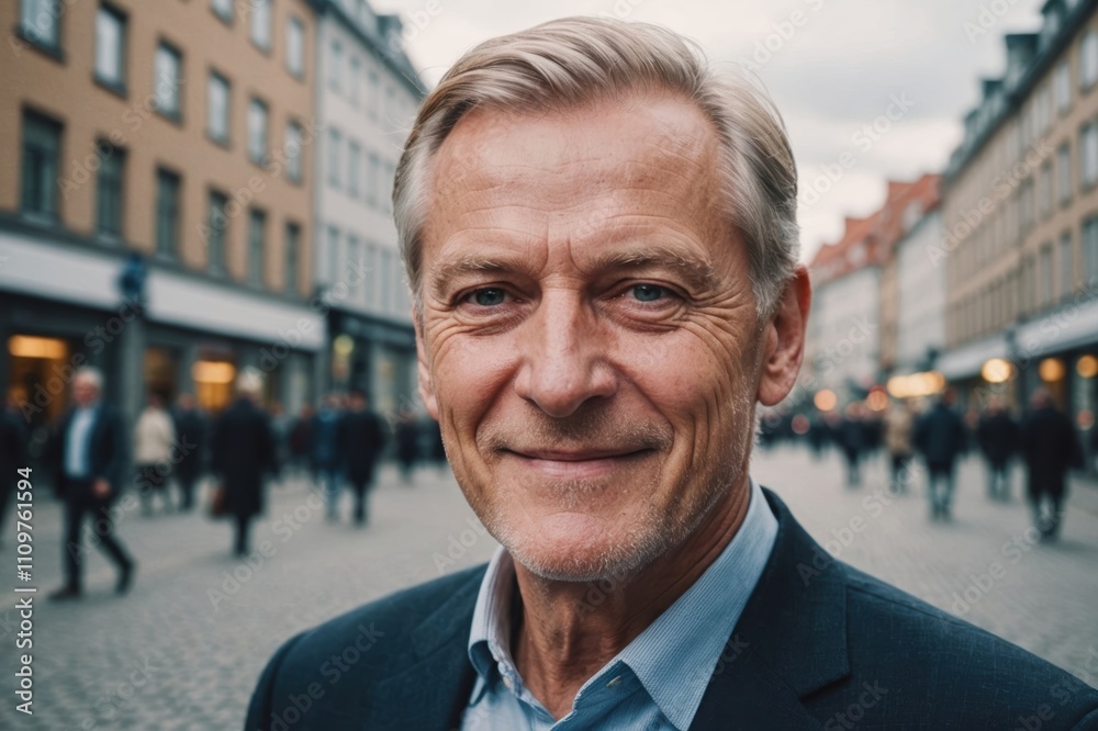 Close portrait of a smiling senior Danish businessman looking at the camera, Danish big city outdoors blurred background Close portrait of a smiling senior Danish businessman looking at the camera, Danish big city outdoors blurred background