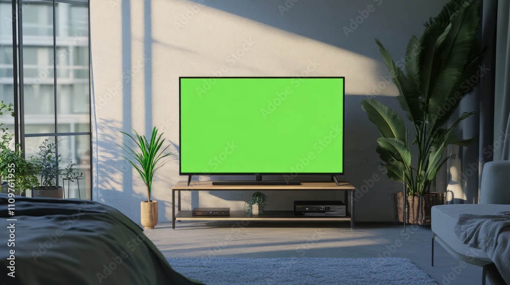 Fototapeta premium A TV with a green screen on a simple metal TV stand in a modern bedroom.