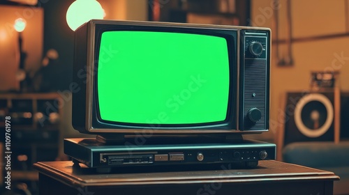 A old, vintage TV with a green screen  photo