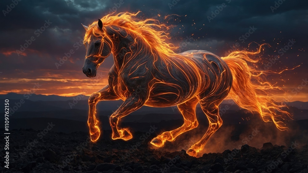 A fiery horse galloping through volcanic terrain, its mane and tail made of glowing flames. Sparks fly around, and within the flames, glowing digital lines and streams