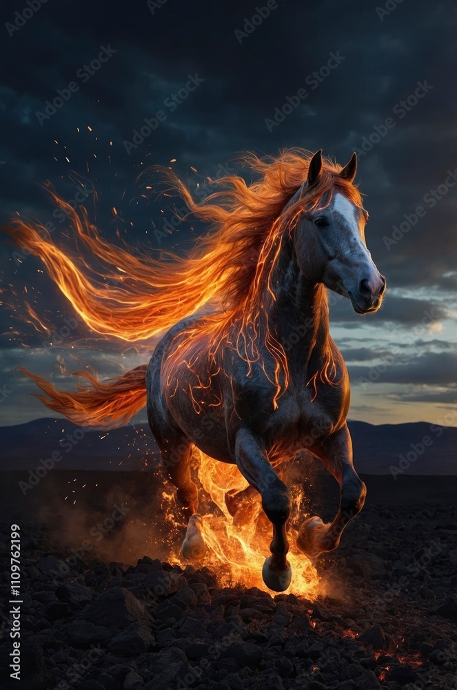 A fiery horse galloping through volcanic terrain, its mane and tail made of glowing flames. Sparks fly around, and within the flames, glowing digital lines and streams A fiery horse galloping through volcanic terrain, its mane and tail made of glowing flames. Sparks fly around, and within the flames, glowing digital lines and streams
