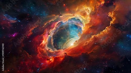 Nebula Exploration: A starship crew discovers a hidden pathway to another galaxy while traveling through a colorful nebula.