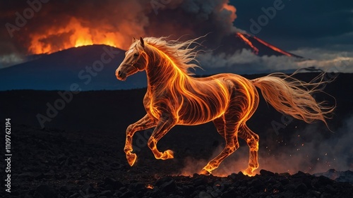 A fiery horse galloping through volcanic terrain, its mane and tail made of glowing flames. Sparks fly around, and within the flames, glowing digital lines and streams photo