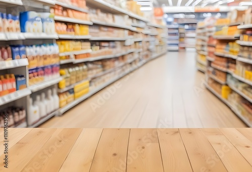 Wallpaper Mural Blurred supermarket aisle with shelves stocked with various products, wooden floor in the foreground Torontodigital.ca