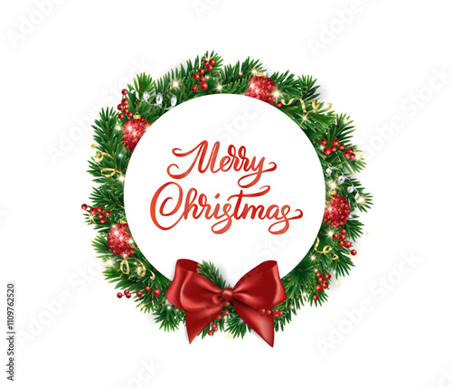 Christmas tree wreath. Realistic pine tree branches with red bow and ribbons. Decoration for holiday banners, party posters, cards, headers, social media. Merry Christmas calligraphy.