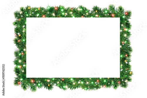 Christmas square wreath with glowing Christmas lights and space for text. Christmas tree decoration. Holiday fir tree garland. Festive winter season frame, spruce branches.