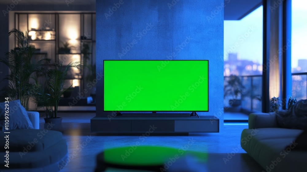 Fototapeta premium A small TV with a green screen in a minimalist room, placed on a modern table