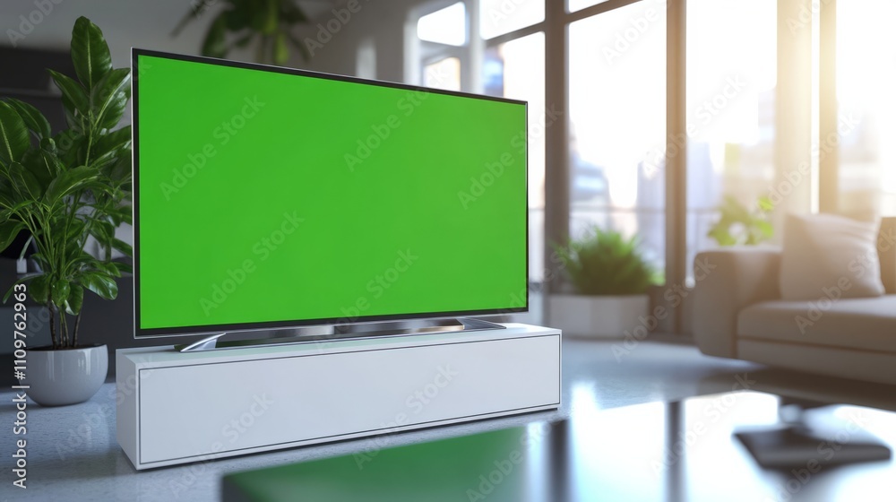 A small TV with a green screen in a minimalist room, placed on a modern table A small TV with a green screen in a minimalist room, placed on a modern table