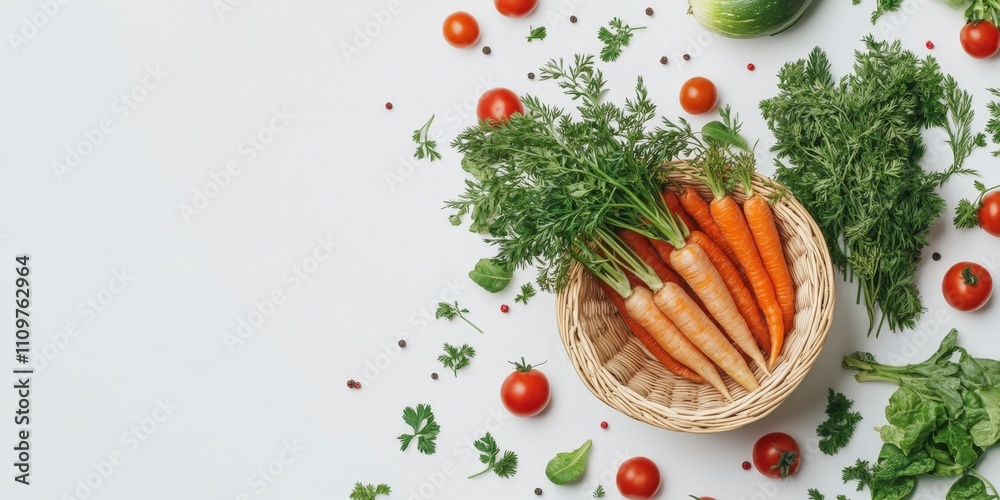 Fresh Carrots and Tomatoes in Rustic Basket - Vibrant Veggie Flat Lay Fresh Carrots and Tomatoes in Rustic Basket - Vibrant Veggie Flat Lay