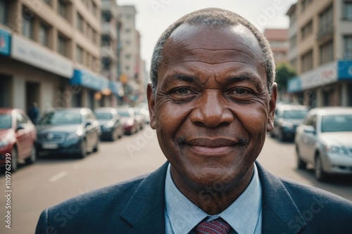 Close portrait of a smiling senior Eswatini businessman looking at the camera, Eswatini big city outdoors blurred background