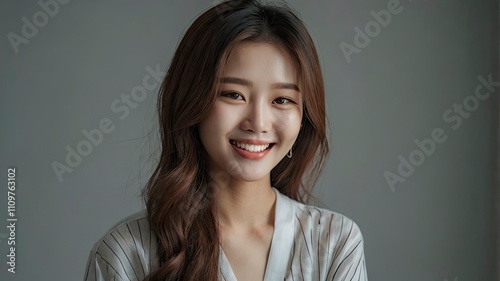 A Korean female model in her 20s who is smiling at the front