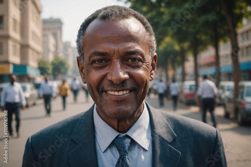 Close portrait of a smiling senior Ethiopian businessman looking at the camera, Ethiopian big city outdoors blurred background