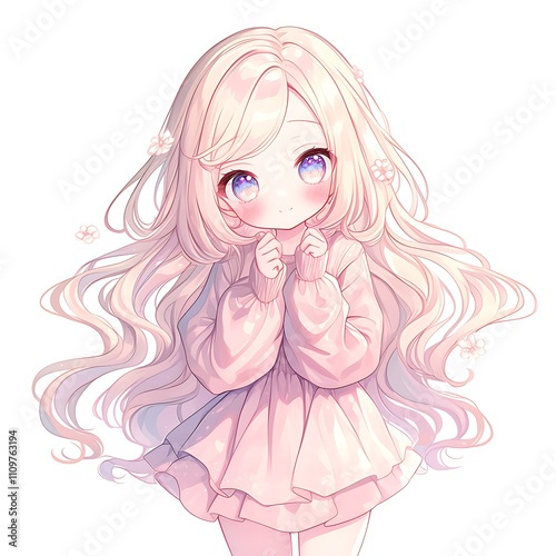 Cute anime girl with long blonde hair. Concept of innocence, sweetness, and childhood.