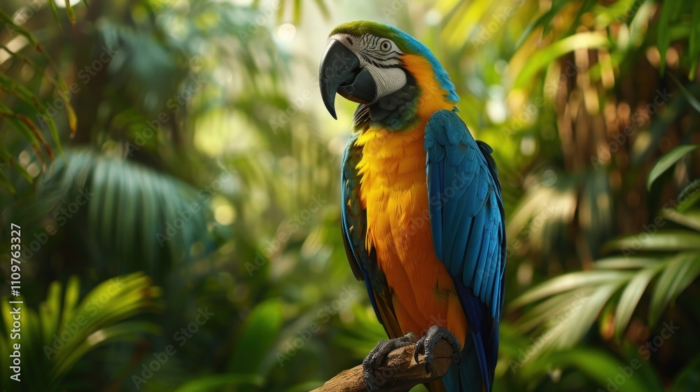 Fototapeta premium Vibrant blue-and-gold macaw perched on branch in lush tropical foliage.