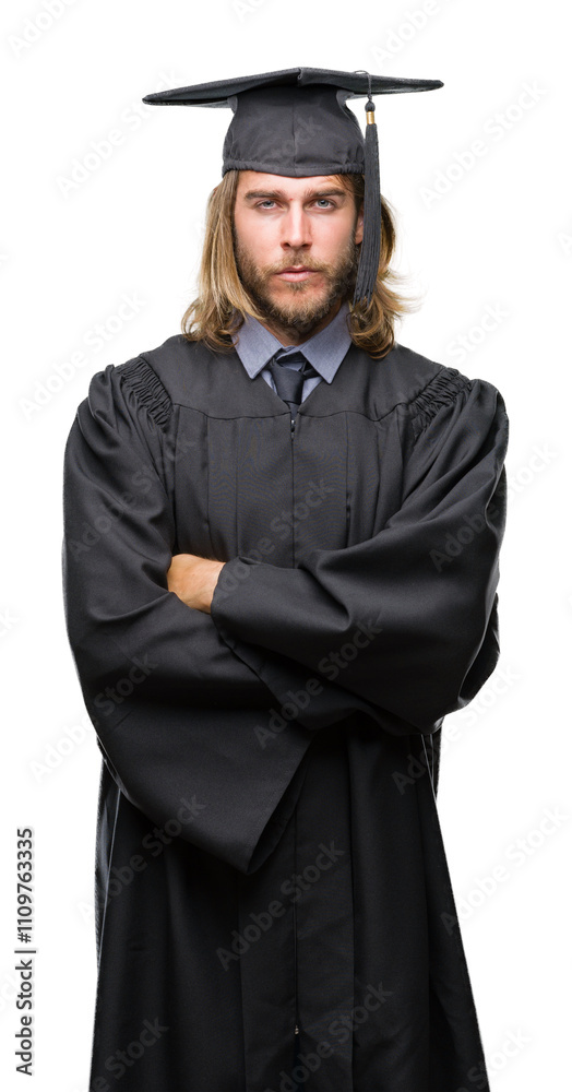 Young handsome graduated man with long hair over isolated background skeptic and nervous, disapproving expression on face with crossed arms. Negative person. Young handsome graduated man with long hair over isolated background skeptic and nervous, disapproving expression on face with crossed arms. Negative person.