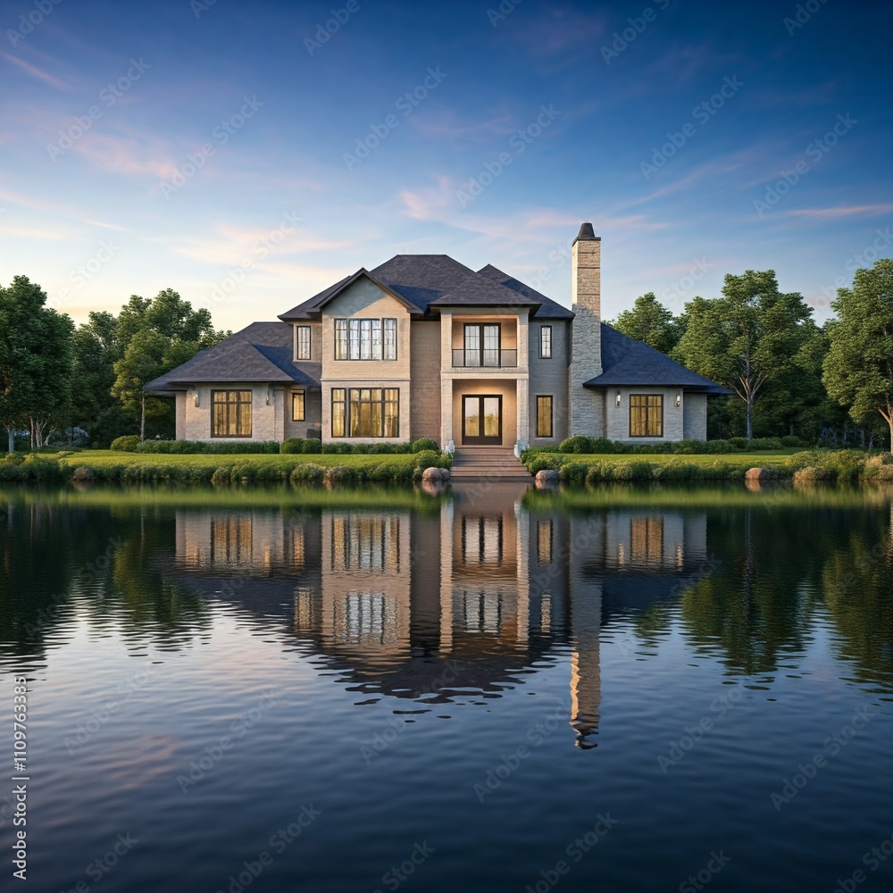 Luxury house, dream home with tall trees on the bank of tranquil lake and beautiful reflection in the water. the image great for real estate, advertising, travel and decoration Luxury house, dream home with tall trees on the bank of tranquil lake and beautiful reflection in the water. the image great for real estate, advertising, travel and decoration