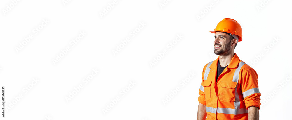 Man builder in an orange construction suit and helmet isolated on a white background. Construction background, banner Man builder in an orange construction suit and helmet isolated on a white background. Construction background, banner