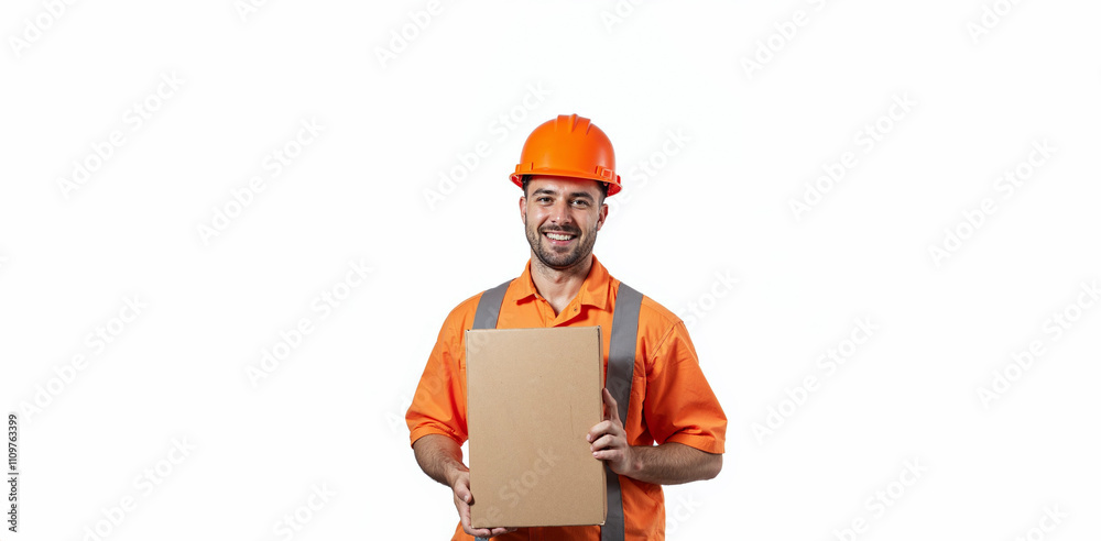 Man builder in an orange construction suit and helmet isolated on a white background. Construction background, banner Man builder in an orange construction suit and helmet isolated on a white background. Construction background, banner