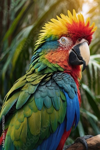 A majestic hybrid of a parrot and a lion, featuring the vibrant feathers of a tropical parrot in shades of green, blue, and red. Its head is a lion’s with a golden mane blending seamless