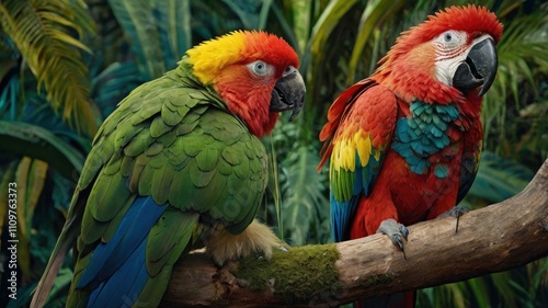 A majestic hybrid of a parrot and a lion, featuring the vibrant feathers of a tropical parrot in shades of green, blue, and red. Its head is a lion’s with a golden mane blending seamless
