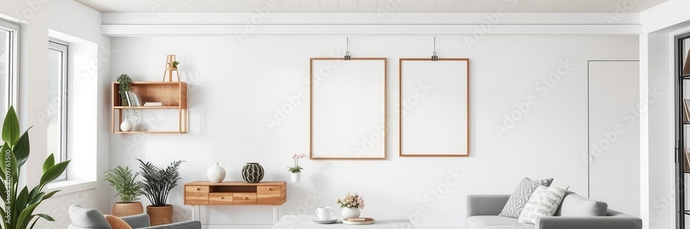 Fototapeta premium A poster mockup hanging on wooden clips on a white wall in a modern living room, home, mockup, interior