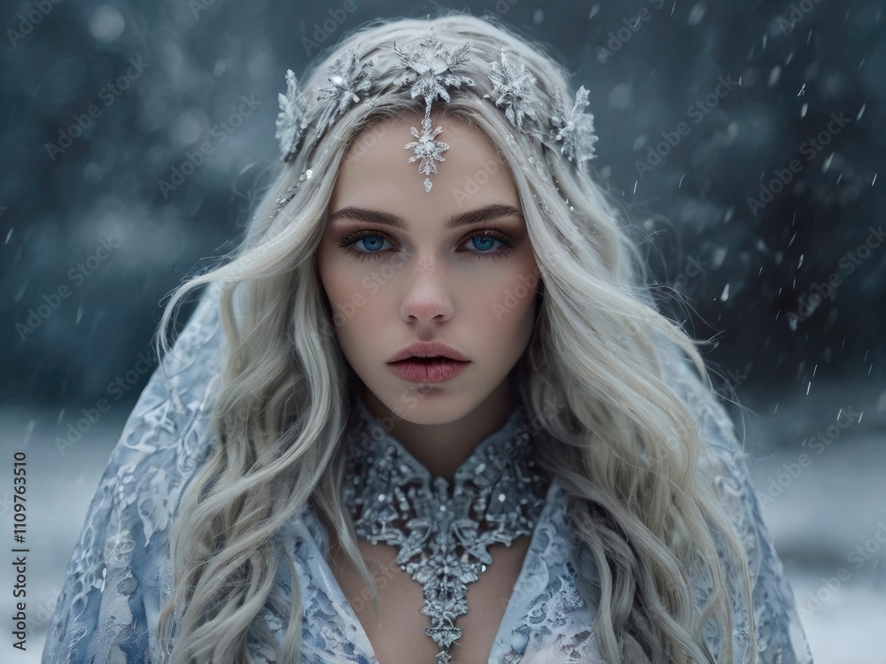 A majestic, ethereal ice queen with piercing orange eyes that seem to burn with an inner fire, adorned in intricately designed silver and black robes with delicate frost-like patterns, her long A majestic, ethereal ice queen with piercing orange eyes that seem to burn with an inner fire, adorned in intricately designed silver and black robes with delicate frost-like patterns, her long