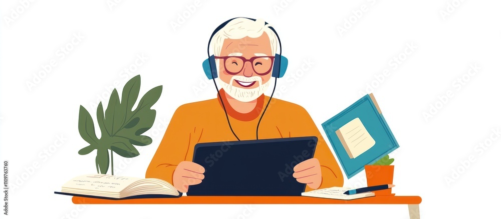 Happy senior man using tablet for online learning. Happy senior man using tablet for online learning.