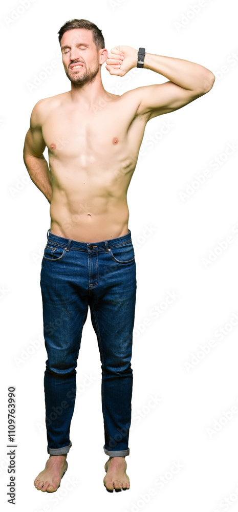 Handsome shirtless man showing nude chest stretching back, tired and relaxed, sleepy and yawning for early morning Handsome shirtless man showing nude chest stretching back, tired and relaxed, sleepy and yawning for early morning