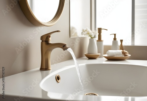 A brushed nickel faucet dispensing water into a marble basin, obscured by other bathroom furnishings