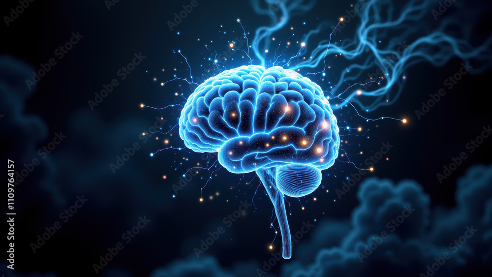 Fototapeta premium A vivid representation of artificial general intelligence with a glowing brain amidst abstract elements.