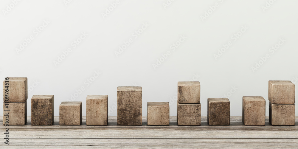 Wooden blocks arranged in bar graph on wooden surface. Wooden blocks arranged in bar graph on wooden surface.