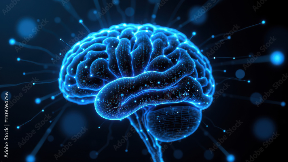Obraz premium Illustration of human brain with digital representations of neurons and synapses, symbolizing artificial general intelligence (AGI).