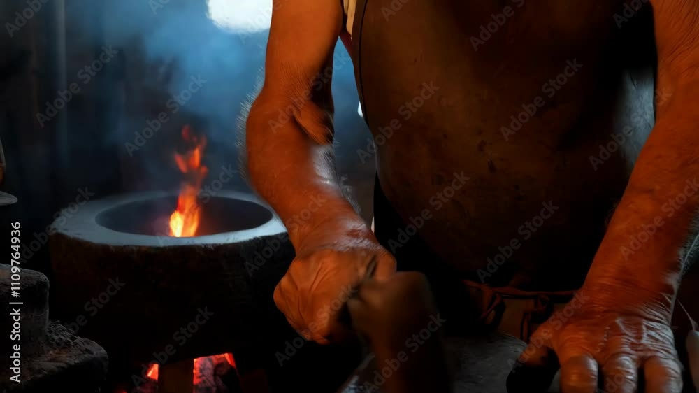 Skilled blacksmith shapes metal in an old workshop illuminated by fiery forge flames while surrounded by tools Skilled blacksmith shapes metal in an old workshop illuminated by fiery forge flames while surrounded by tools