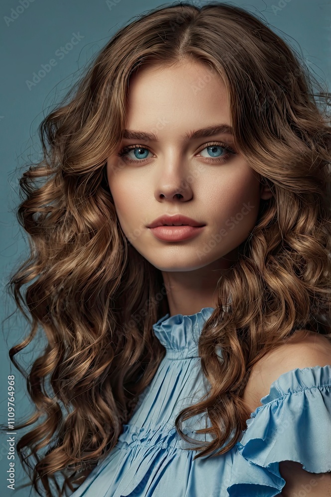 Female, 25 years old, beautiful, wavy semi-long hair, hair, Blue eyes 、frill short dress, cell animation style