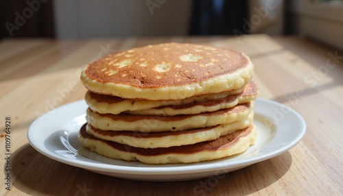 Fluffy Pancake Stack on White Plate in Sunlit Kitchen