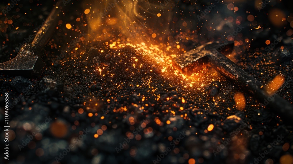 Fiery blacksmith tools in hot coals. Fiery blacksmith tools in hot coals.