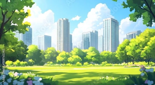 A Tranquil Park with Tall Buildings and Lush Greenery, Surrounded by Flowers and Trees, Anime-Style Colorful Cartoon Illustration with Sunlight and Clouds photo