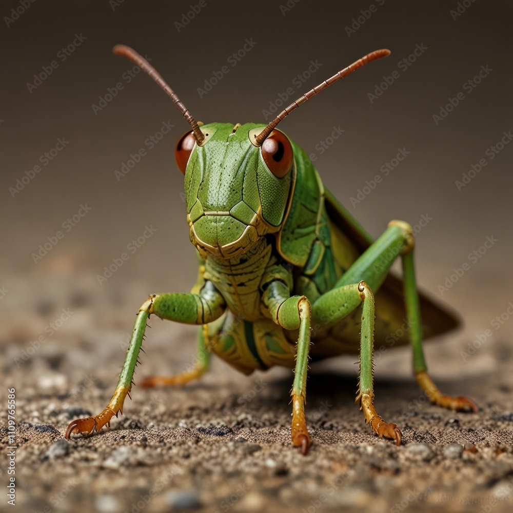 Close-up of a vibrant green grasshopper on the ground. (1) Close-up of a vibrant green grasshopper on the ground. (1)