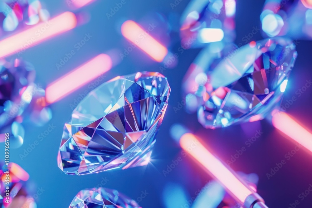 Futuristic diamond shapes with glowing neon lights, creating a vibrant and sparkling visual effect. Concept of luxury and modern design.