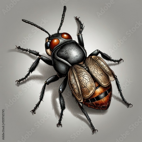 Detailed illustration of a realistic insect with black, red, and orange body segments, intricate wings, and long legs against a gray background. photo