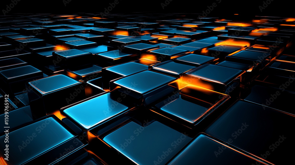 Fototapeta premium Abstract Blue and Orange Glowing Cubes 3D Render Technology Background Shiny Blocks Di