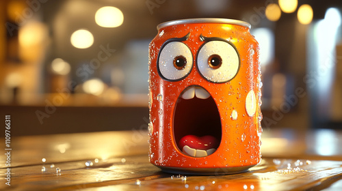 Surprised Soda Can Character  Funny Cartoon Drink  Refreshing Beverage  Condensation  Thir photo