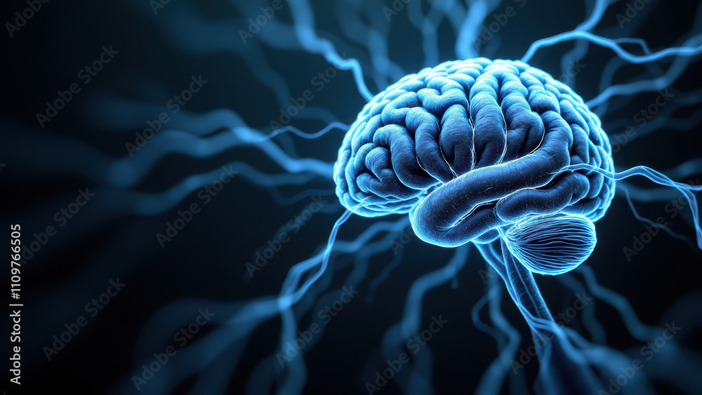 Obraz premium This is an image of a human brain with light blue electrical activity, symbolizing artificial general intelligence (AGI).