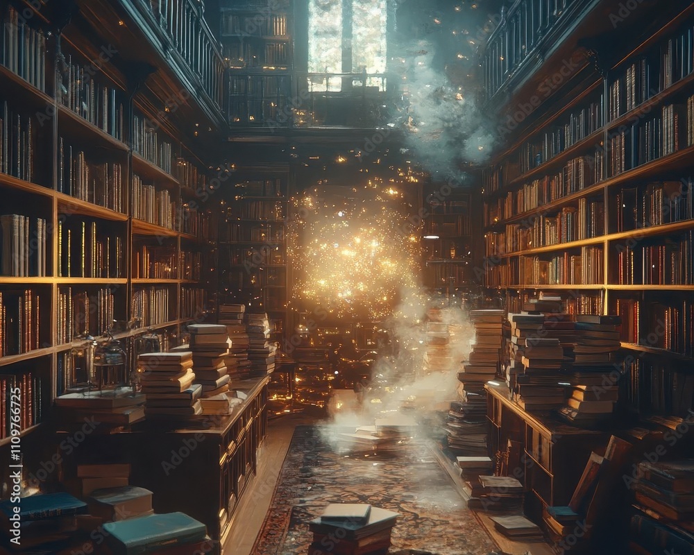 Naklejka premium A cinematic library scene where an NLP algorithm scans bookshelves with holographic projections, warm light streaming in