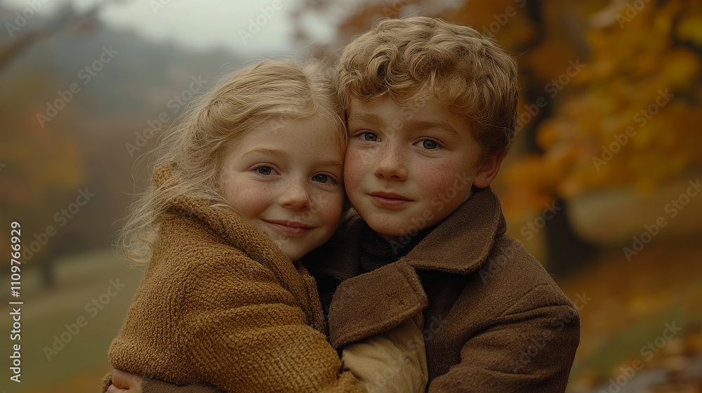 Two children share a heartfelt hug while surrounded by autumn foliage, showcasing a moment of love and connection amidst nature's beauty Two children share a heartfelt hug while surrounded by autumn foliage, showcasing a moment of love and connection amidst nature's beauty