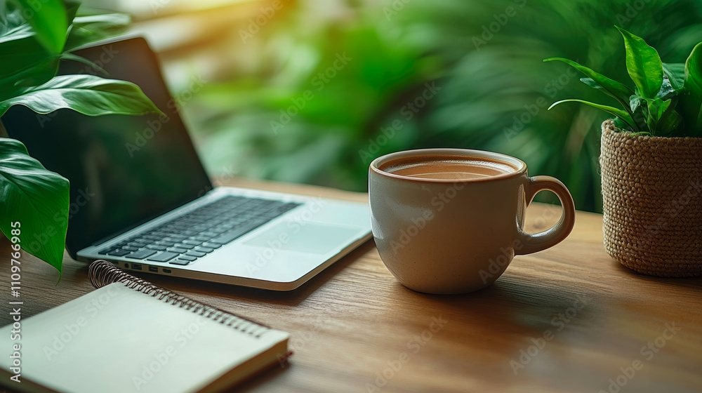 A cozy workspace features a steaming cup of coffee next to a laptop and a notepad, surrounded by lush green plants in morning sunlight A cozy workspace features a steaming cup of coffee next to a laptop and a notepad, surrounded by lush green plants in morning sunlight