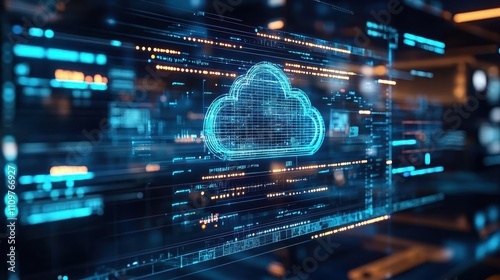A cloud orchestration interface displayed on futuristic monitors in a tech lab, glowing softly, cinematic focus