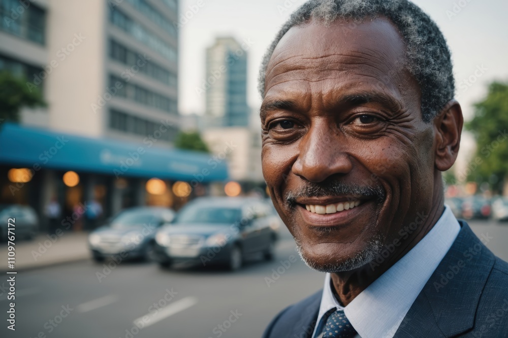 Close portrait of a smiling senior Jamaican businessman looking at the camera, Jamaican big city outdoors blurred background Close portrait of a smiling senior Jamaican businessman looking at the camera, Jamaican big city outdoors blurred background