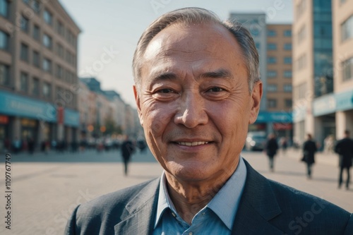 Close portrait of a smiling senior Kazakh businessman looking at the camera, Kazakh big city outdoors blurred background